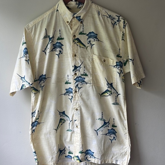 Hook & Tackle Other - HOOK & TACKLE Swordfish Lighthouse Fishing Nautical Map Button Down Size Medium
